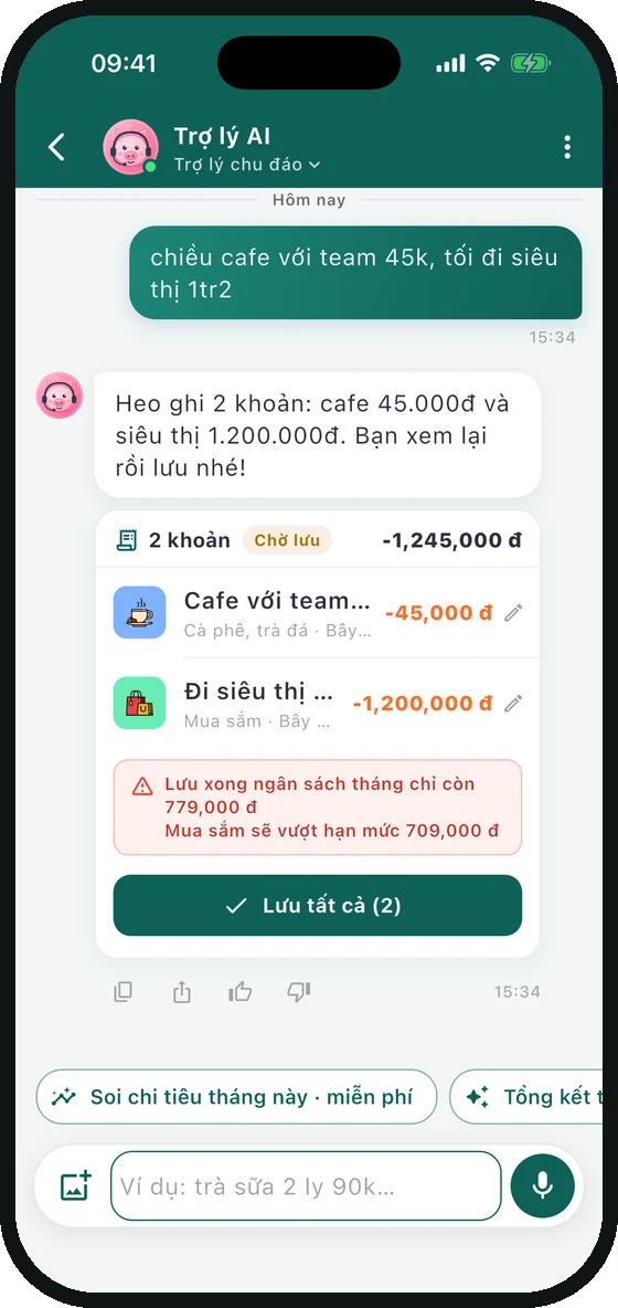 Trợ lý AI tách tin nhắn thành 2 khoản cafe 45.000 đồng và siêu thị 1.200.000 đồng, kèm cảnh báo ngân sách